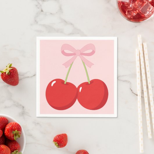 ピンクのリボンが付いたチェリー コケッタ バースデーパーティー スタンダードカクテルナプキン (インサイチュ)