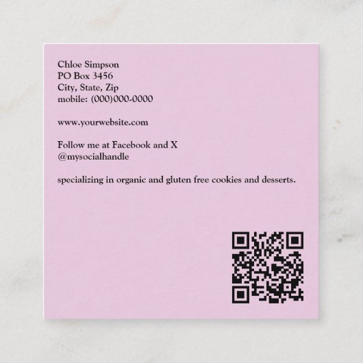 ピンクのリボンが付いたバスケットに入ったチョコレートチップクッキー スクエア名刺 (裏面)