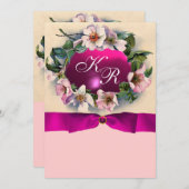 ピンクのリボンが付いたワイルドローズのモノグラム 招待状 (正面/裏面)
