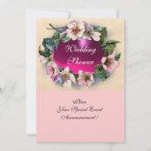 ピンクのリボンが付いたワイルドローズ、ゴールドメタルのイニシャル 招待状 (裏面)