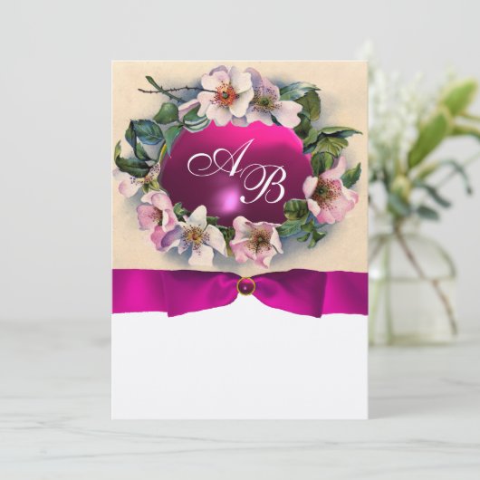 ピンクのリボンが付いたワイルドローズ、ゴールドメタル モノグラム 招待状 (スタンド正面)