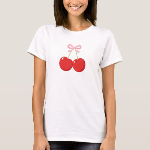 ピンクのリボンが付いた赤いチェリーの コケッテージ風 カントリー調 Tシャツ