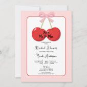 ピンクのリボンが付いた赤いチェリー コケット ブライダル シャワー 招待状 (正面)