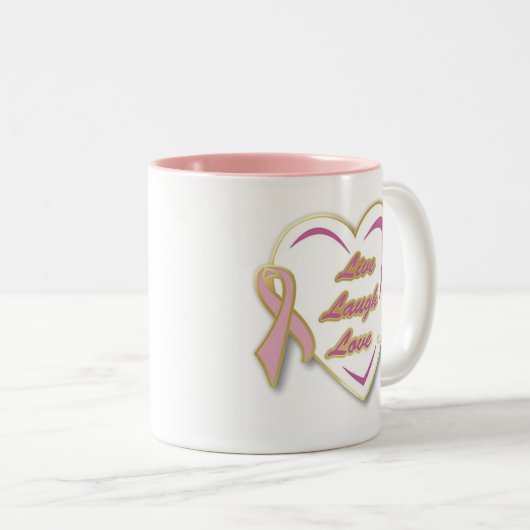 ピンクのリボンが付いている乳癌のマグLiveLaughLove ツートーンマグカップ (正面右)