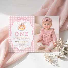 ピンクのリボンが可愛いカボチャの1歳の誕生日記念写真撮影用招待状 招待状