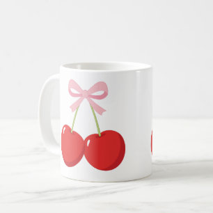 ピンクのリボンが可愛らしい赤いチェリーのコケッタリーコテージスタイル コーヒーマグカップ