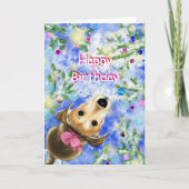 ピンクのリボンで可愛い愛犬の誕生日カード カード (正面)