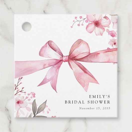 ピンクのリボンで結ぶ ブライダルシャワーパーティー フェイバータグ (正面)