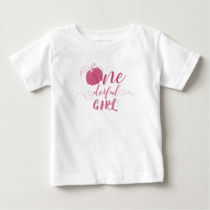 ピンクのリボンとアーチの秋のカボチャの花の誕生日 ベビーTシャツ