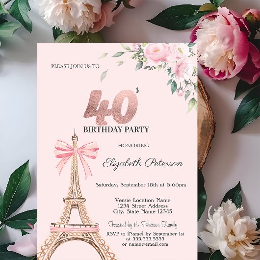 ピンクのリボンとエッフェル塔の花束 40歳の誕生日 招待状