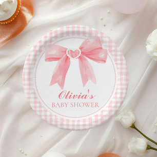 ピンクのリボンとギンガムチェックのプリッピーなベビーシャワー ペーパープレート
