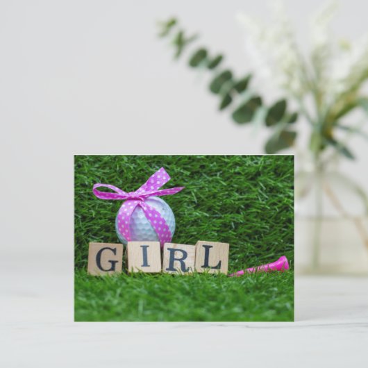 ピンクのリボンとクラウンを持つゴルフの赤ちゃんシャワー女の子 ポストカード (スタンド正面)