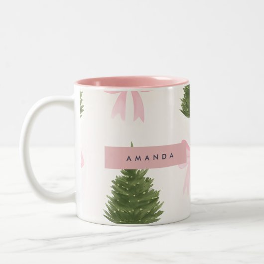 ピンクのリボンとクリスマスツリーの名入れデザイン ツートーンマグカップ (左)