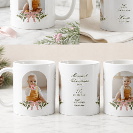 ピンクのリボンとグリーンが可愛いオーダーメイドのクリスマスフォトグッズ コーヒーマグカップ