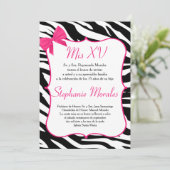 ピンクのリボンとゼブラのキンチャネラ誕生日招待状 招待状 (スタンド正面)