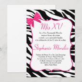 ピンクのリボンとゼブラのキンチャネラ誕生日招待状 招待状 (正面/裏面)