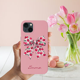 ピンクのリボンとチェリー,可愛い,モダン,水彩,カスタム iPhone 13ケース