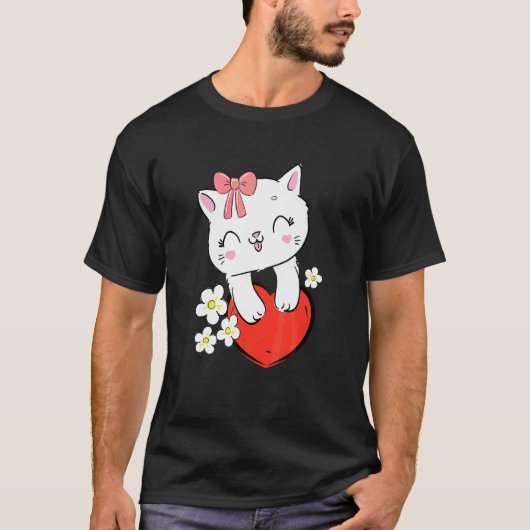 ピンクのリボンとハートの可愛い子猫 Tシャツ (正面)