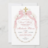 ピンクのリボンとパールの初聖体拝領と洗礼 招待状 (正面)