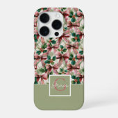 ピンクのリボンとヒイラギの水彩クリスマスパターン iPhoneケース (裏面)