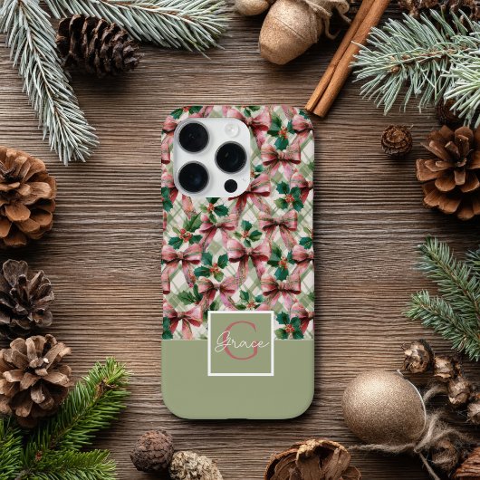 ピンクのリボンとヒイラギの水彩クリスマスパターン iPhoneケース