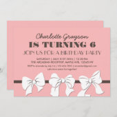 ピンクのリボンとボウの誕生日パーティー招待状 招待状 (正面/裏面)