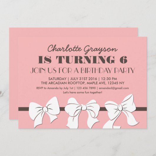 ピンクのリボンとボウの誕生日パーティー招待状 招待状 (正面/裏面)