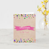 ピンクのリボンと白い縁ど水玉模様歓迎 カード (黄色い花)