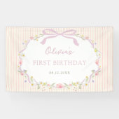 ピンクのリボンと花のストライプ 誕生日 横断幕 (横)