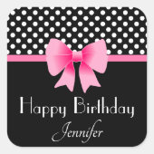 ピンクのリボンと黒白ドットの誕生日 スクエアシール (正面)