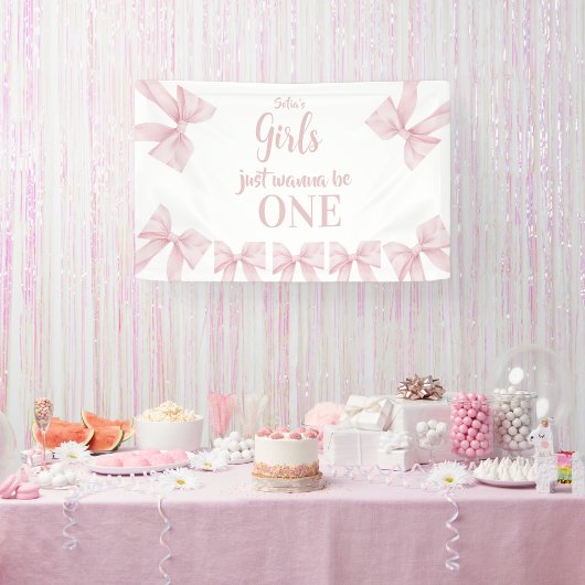 ピンクのリボンのおしゃれな女の子の1歳の誕生日バナー 横断幕