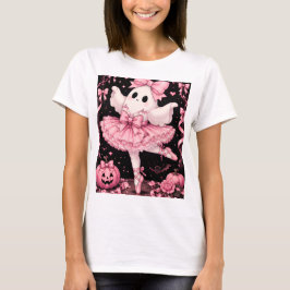 ピンクのリボンのおばけのバレリーナ コケットハロウィン Tシャツ
