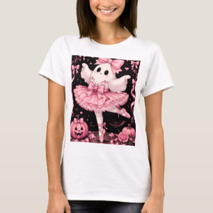 ピンクのリボンのおばけのバレリーナ コケットハロウィン Tシャツ