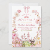 ピンクのリボンのお姫様の王国3歳の誕生日 招待状 (正面)