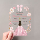 ピンクのリボンのお姫様風の花柄のクィンセañera アクリル招待状 (インサイチュ (ポータブル))