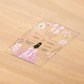 ピンクのリボンのお姫様風の花柄のクィンセañera アクリル招待状 (レイダウン)