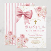 ピンクのリボンのお嬢様洗礼式と誕生日のフラワー 招待状 (正面/裏面)