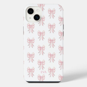 ピンクのリボンのお嬢様風モノグラムイニシャル柄 iPhone 14 PLUSケース