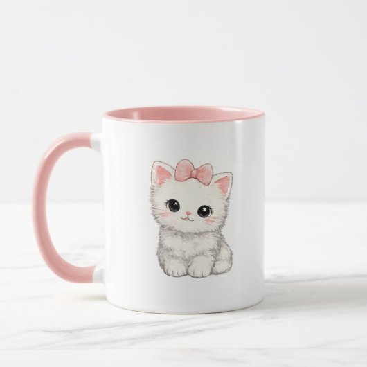 ピンクのリボンのかわいい子猫のマグカップ マグカップ (左)