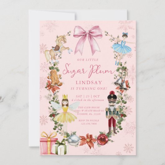 ピンクのリボンのくるみ割り人形の女の子 1歳の誕生日 招待状 (正面)
