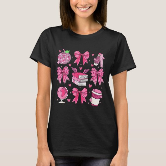 ピンクのリボンのアップルの女教師感謝バレン Tシャツ (正面)