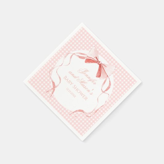 ピンクのリボンのイチョウの名門私立校風の赤ん坊の女の子シャワー スタンダードカクテルナプキン (角)