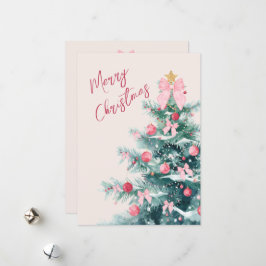 ピンクのリボンのエレガントなクリスマスツリーのホリデーカード シーズンカード