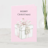ピンクのリボンのギフト クリスマス カード (正面)