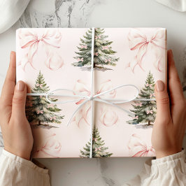 ピンクのリボンのクリスマスツリーの包装紙 ラッピングペーパー