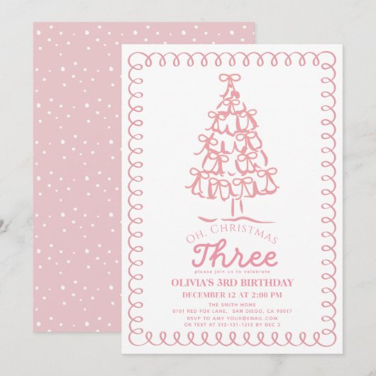 ピンクのリボンのクリスマスツリーの3歳の誕生日 招待状 (正面/裏面)