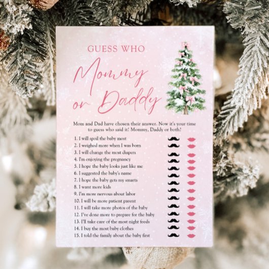 ピンクのリボンのクリスマスツリーの「Mommy or Daddy」ゲーム 招待状