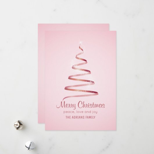 ピンクのリボンのクリスマスツリー シーズンカード (正面/裏面インサイチュ)