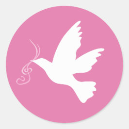 ピンクのリボンのシール付きホワイト鳩 ラウンドシール