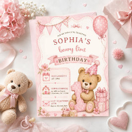 ピンクのリボンのテディベアのタータン 誕生日 招待状